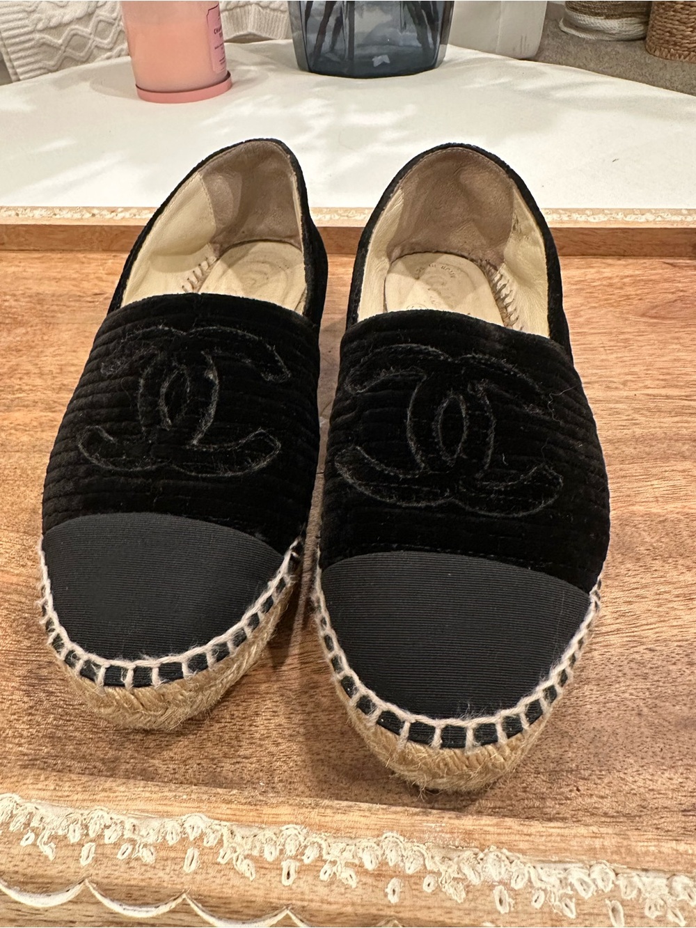 CHANEL Black Velvet Espadrille Slip-On with Jute Sole